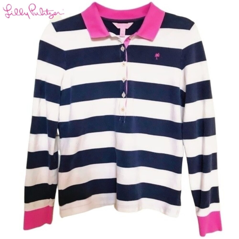 Lilly Pulitzer woman’s long sleeve blue & white striped polo shirt, Sz M, EUC